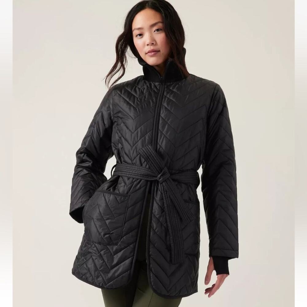 Athleta Mendocino Quilted Black Jacket Insulated Belted Coat Sz XS